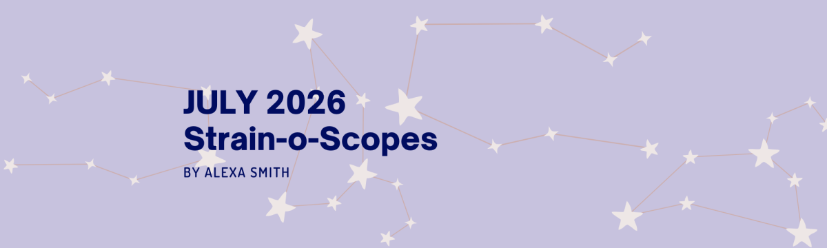 A pale purple background with different constellations and text that reads: July 2026 Strain-o-Scopes by Alexa Smith
