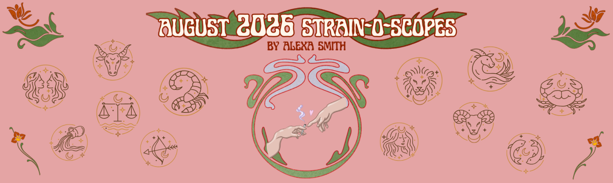 A graphic with the different zodiac signs and a rendering of a joint being passed between tow people