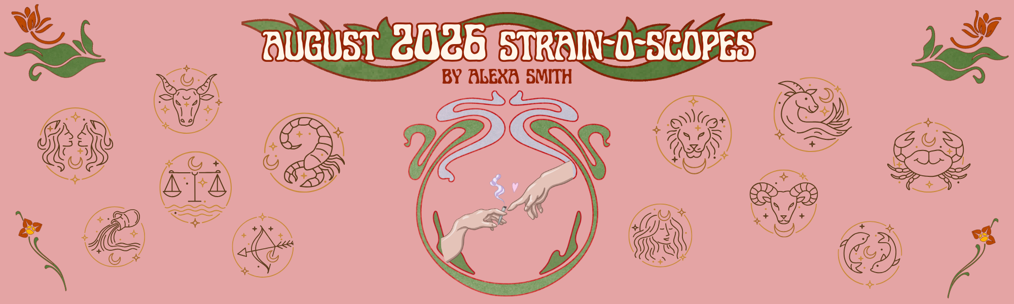 A graphic with the different zodiac signs and a rendering of a joint being passed between tow people
